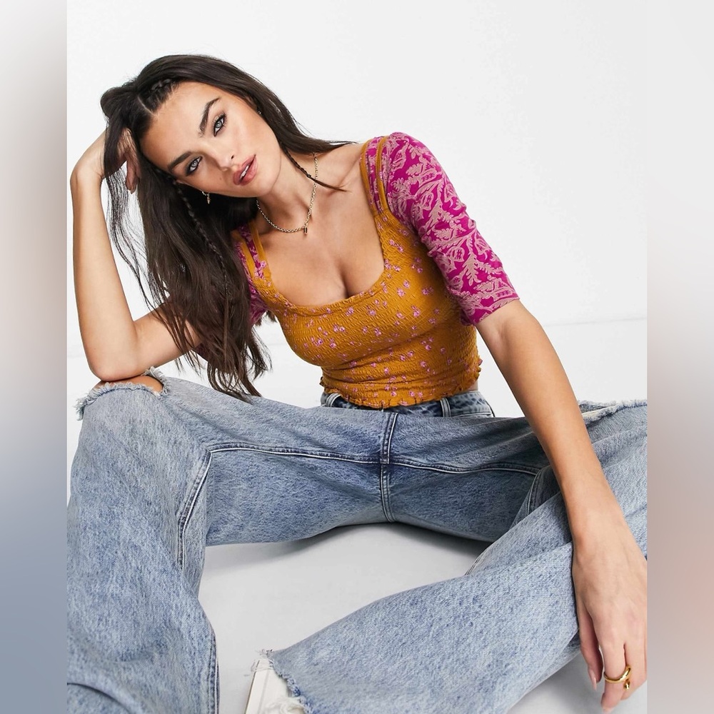 FREE PEOPLE Marigold Top - Size Small-Golden Floral Smocked Boho Crop Blouse-NWT - Picture 12 of 16